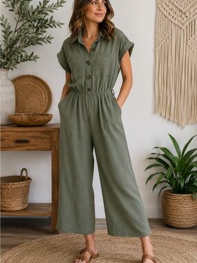 Monteau Jumpsuit Women Small Olive Green Utility Wide Leg Button Front Casual
